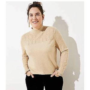 LOFT Womens Plus 20/22 Sweater Pullover Metallic Knit Stretch Gold Pointelle